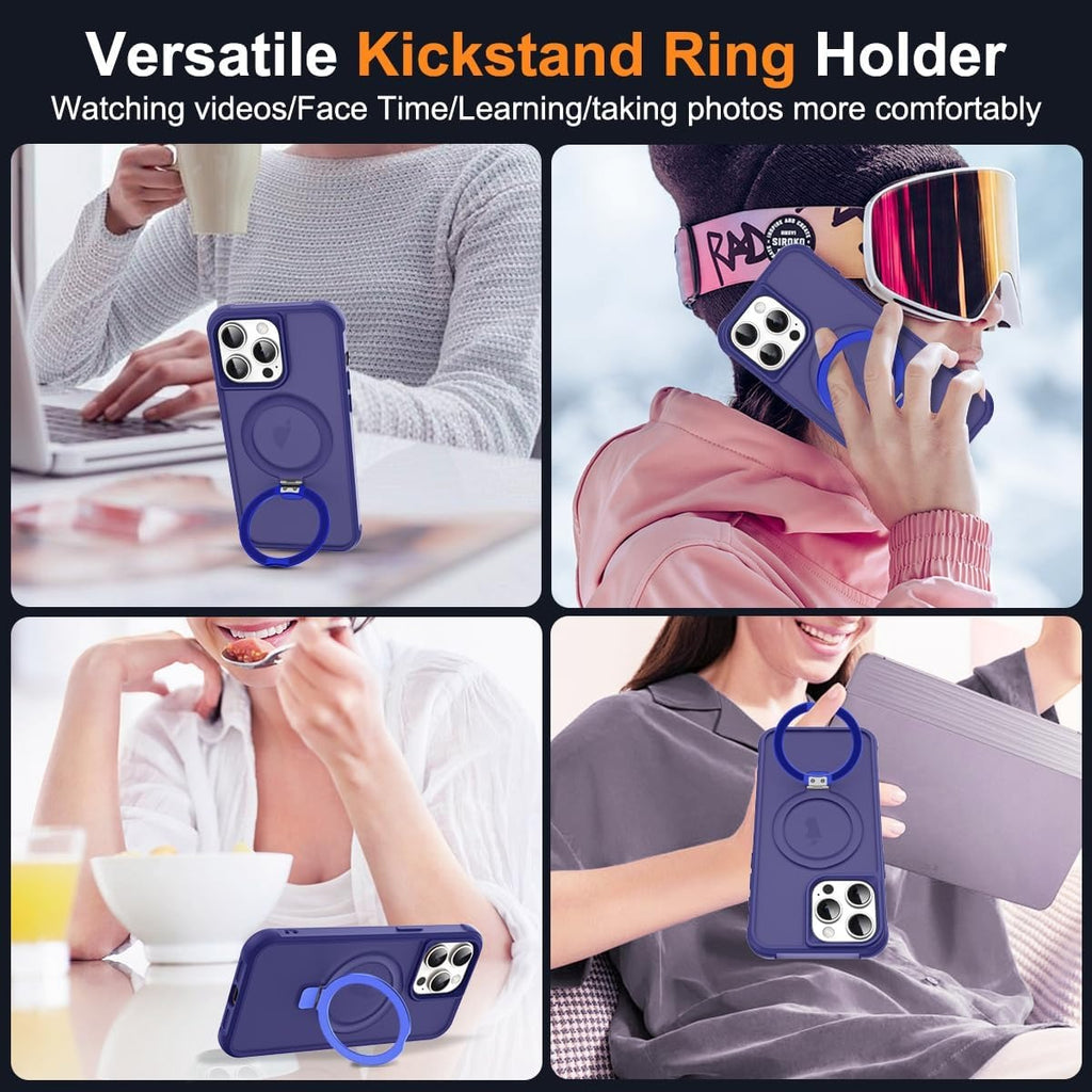 iPhone 14 Pro Max Magnetic O-Ring Stand Case – Military-Grade Shockproof Translucent MagSafe Compatible Cover – Navy