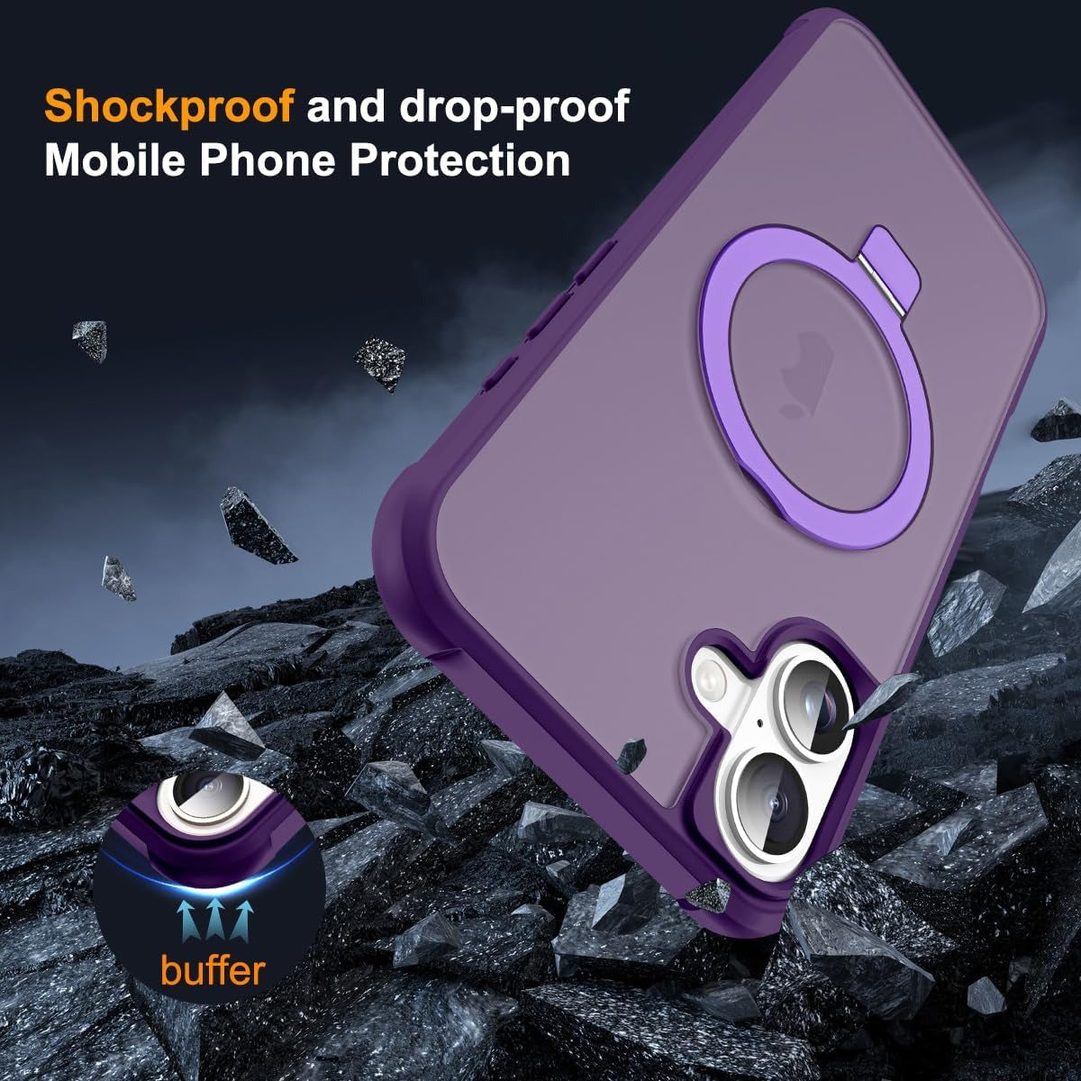 MagSafe Compatible Case for iPhone 16 (6.1") | Invisible Magnetic O-Ring Stand | Military-Grade Translucent Shockproof Cover – Purple