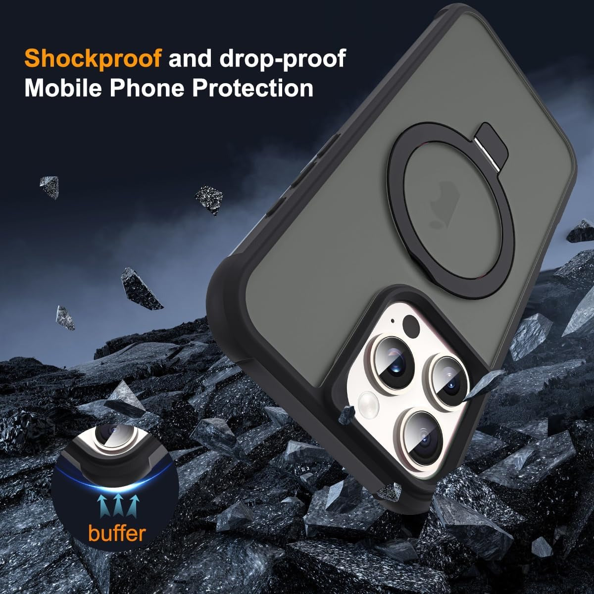 iPhone 16 Pro Max Case with Invisible Magnetic O-Ring Stand | Military-Grade Drop Protection | Translucent MagSafe Compatible Back Cover – Black