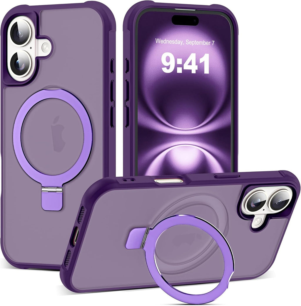MagSafe Compatible Case for iPhone 16 (6.1") | Invisible Magnetic O-Ring Stand | Military-Grade Translucent Shockproof Cover – Purple