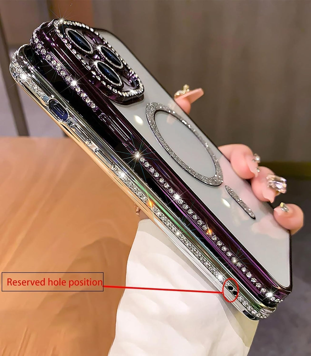 Cute Compatible iPhone 16 Pro Max Diamond Glitter Case – Luxury Bling Rhinestone Soft Clear TPU Bumper, MagSafe & Camera Lens Protection (Blue)