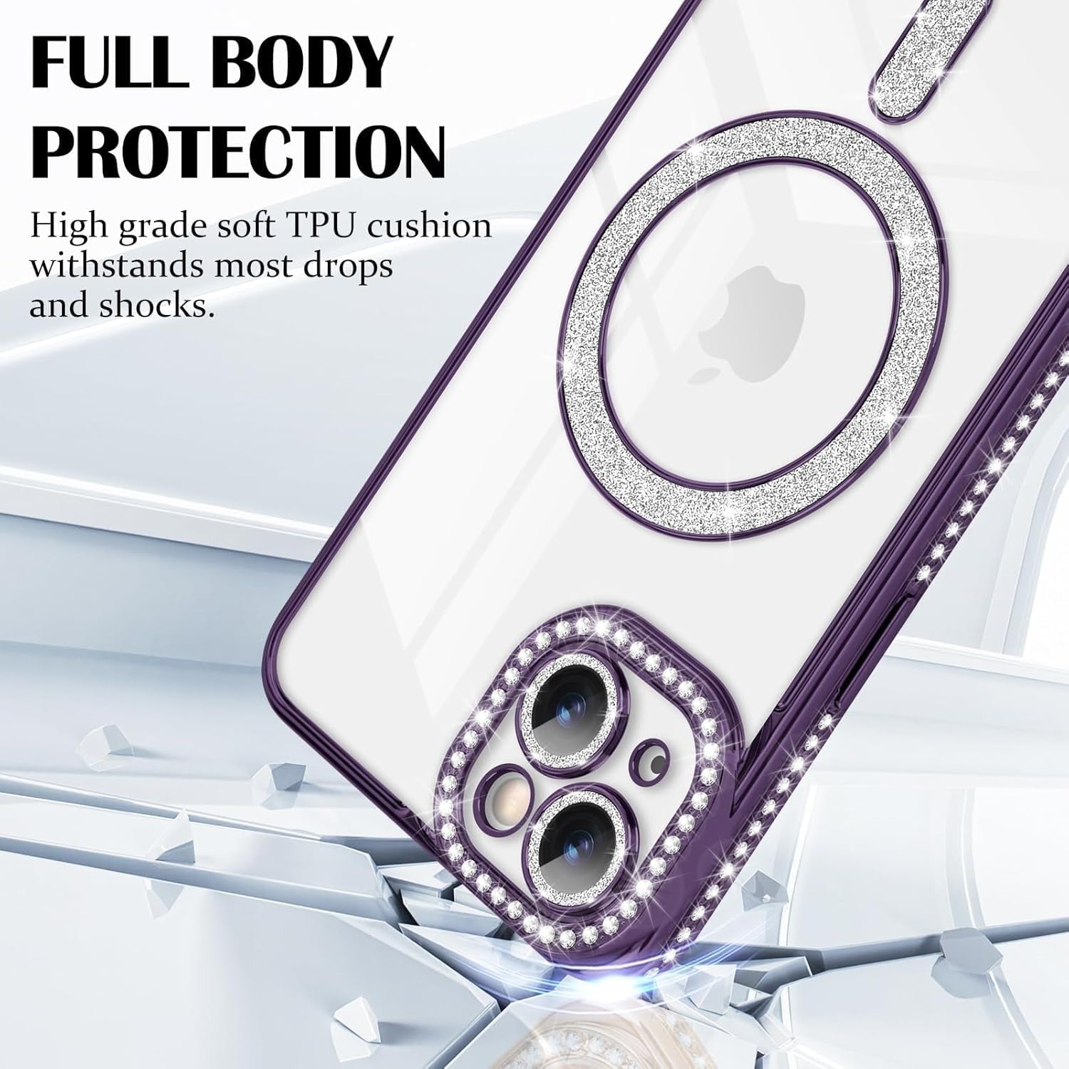 Brandson Luxury Sparkle MagSafe Case for iPhone 14 Pro Max – Diamond Camera Guard, Shockproof Transparent Cover, Purple Shine Edition