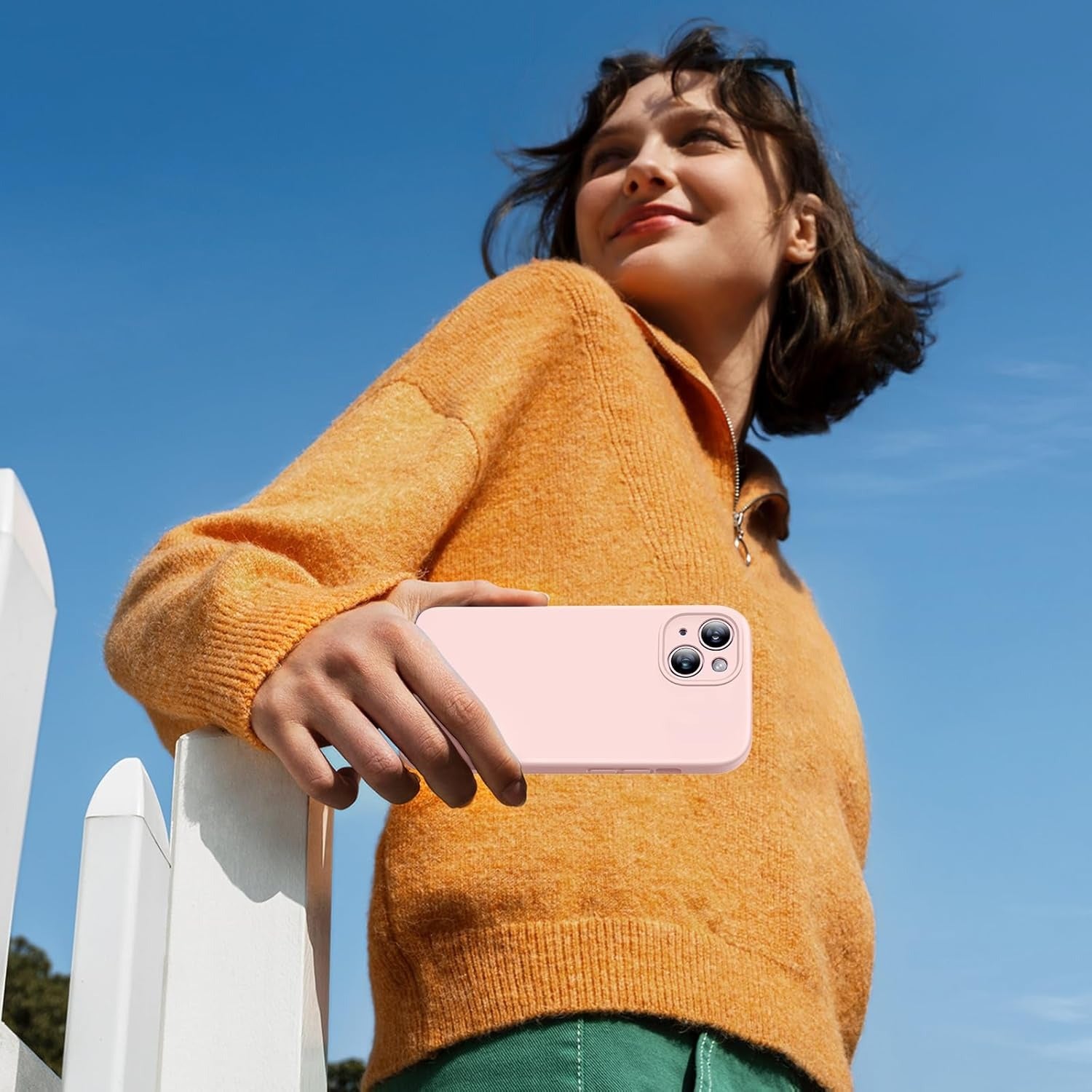 Brandson Liquid Silicone Case for iPhone 15 Plus | Shockproof Soft Silicone Back Cover | Anti-Scratch Microfiber Lining | Gel Rubber Drop Protection | Sand Pink