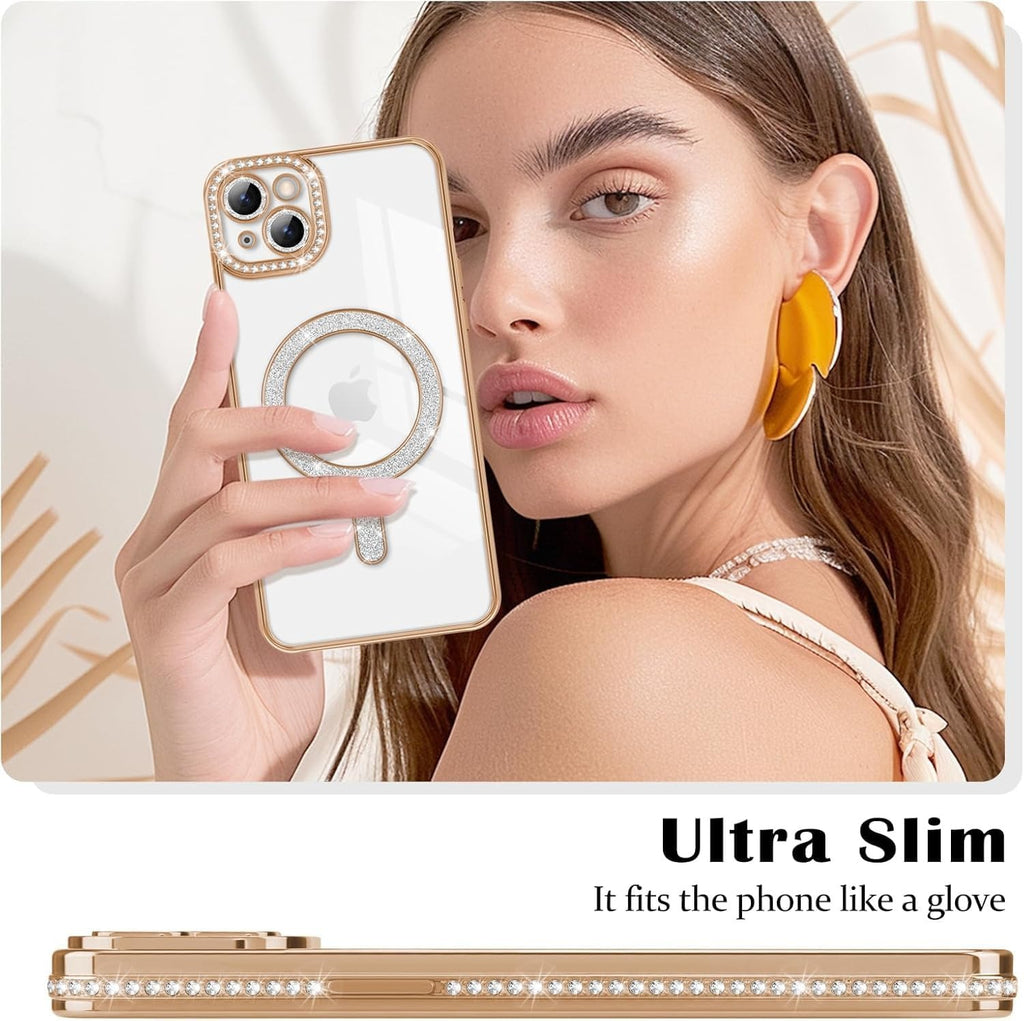 Brandson Crystal Clear Gold Case for iPhone 13 | Soft TPU Transparent Cover with Diamond Rhinestone MagSafe Ring | Luxury Shockproof Camera Lens Protection Case for Women & Girls – Gold