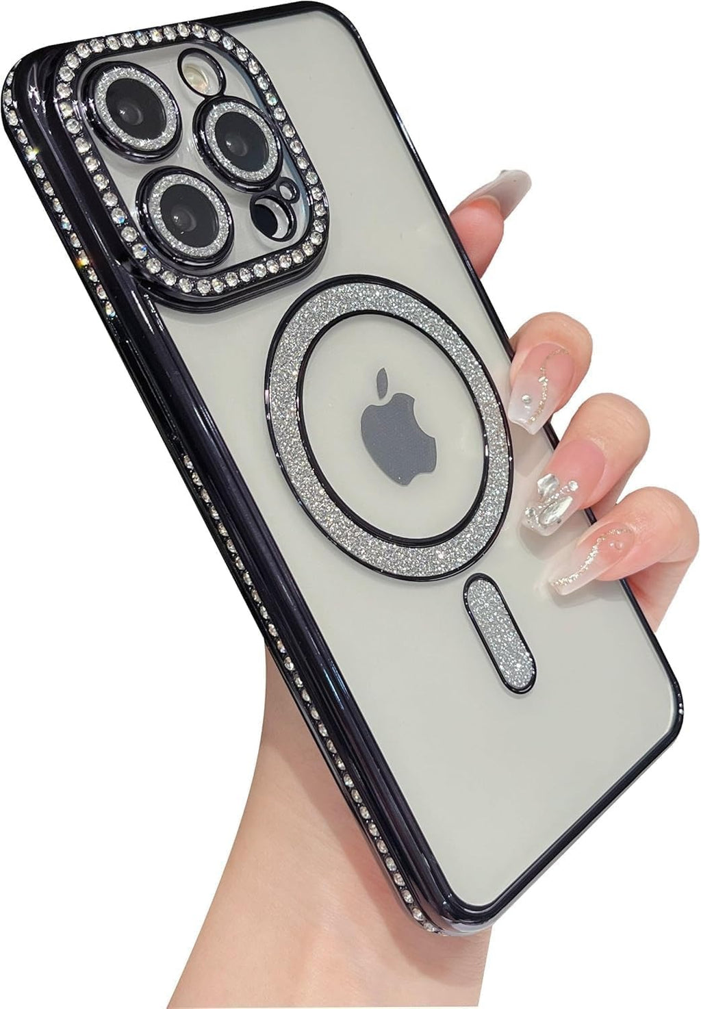 Cute Compatible iPhone 16 Pro Diamond Glitter Case – Luxury Bling Rhinestone Soft Clear TPU Bumper, MagSafe & Camera Lens Protection (Black)