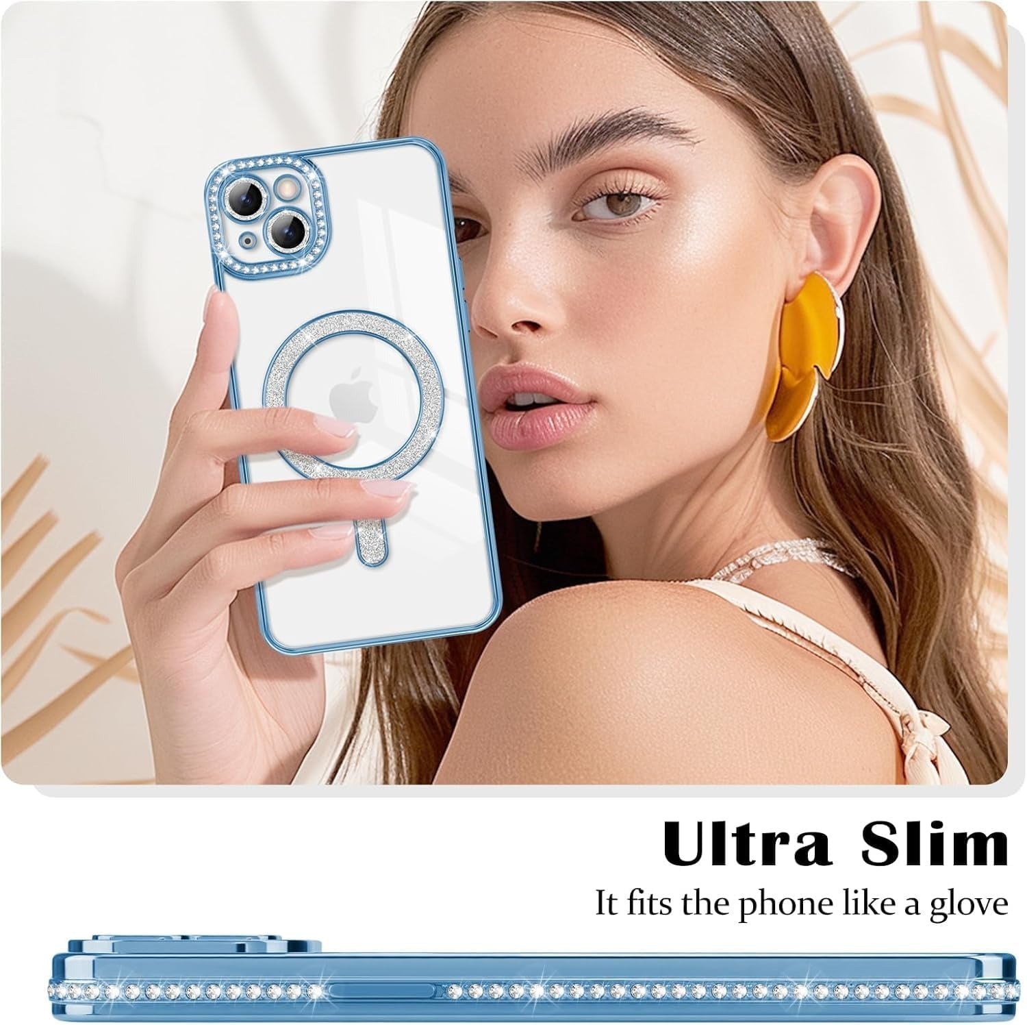 Brandson Crystal Clear Blue Case for iPhone 15 | Soft TPU Transparent Cover with Diamond Rhinestone MagSafe Ring | Luxury Shockproof Camera Lens Protection Case for Women & Girls – Blue