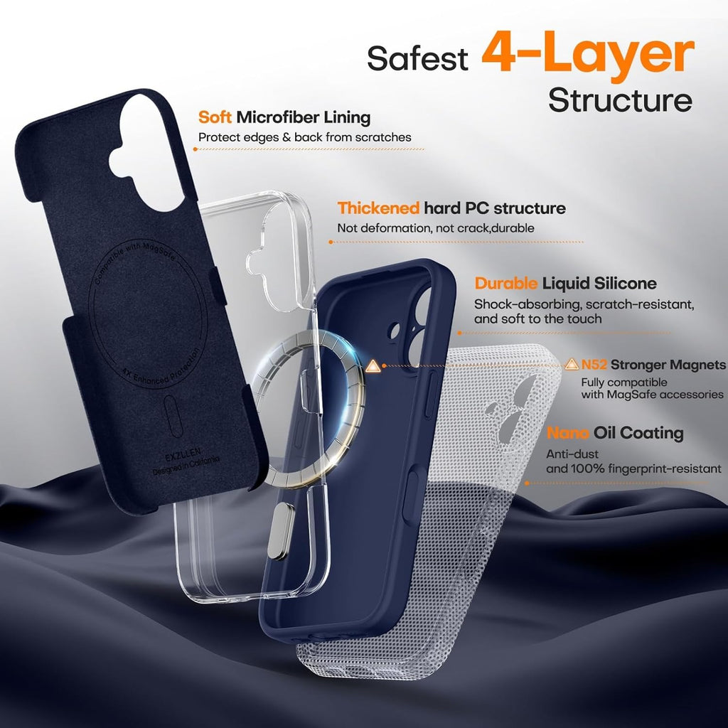 Magnetic Case for iPhone 16 | MagSafe Compatible | 2× 9H Screen Protectors | Full Camera Protection | Military-Grade Silicone Cover – Dark Blue (6.1")