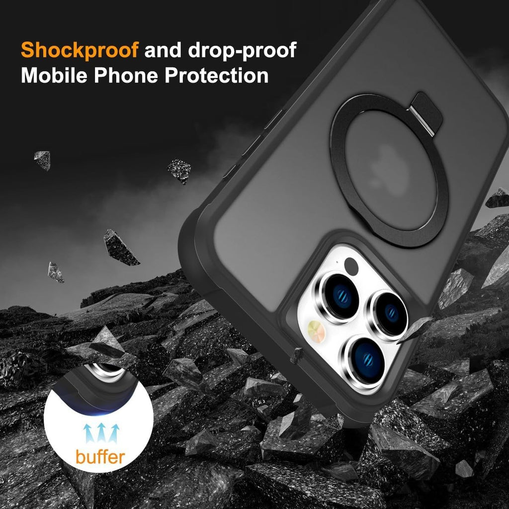 iPhone 14 Pro Max Magnetic O-Ring Stand Case | Military-Grade Translucent Shockproof Back Cover | MagSafe Compatible | Black