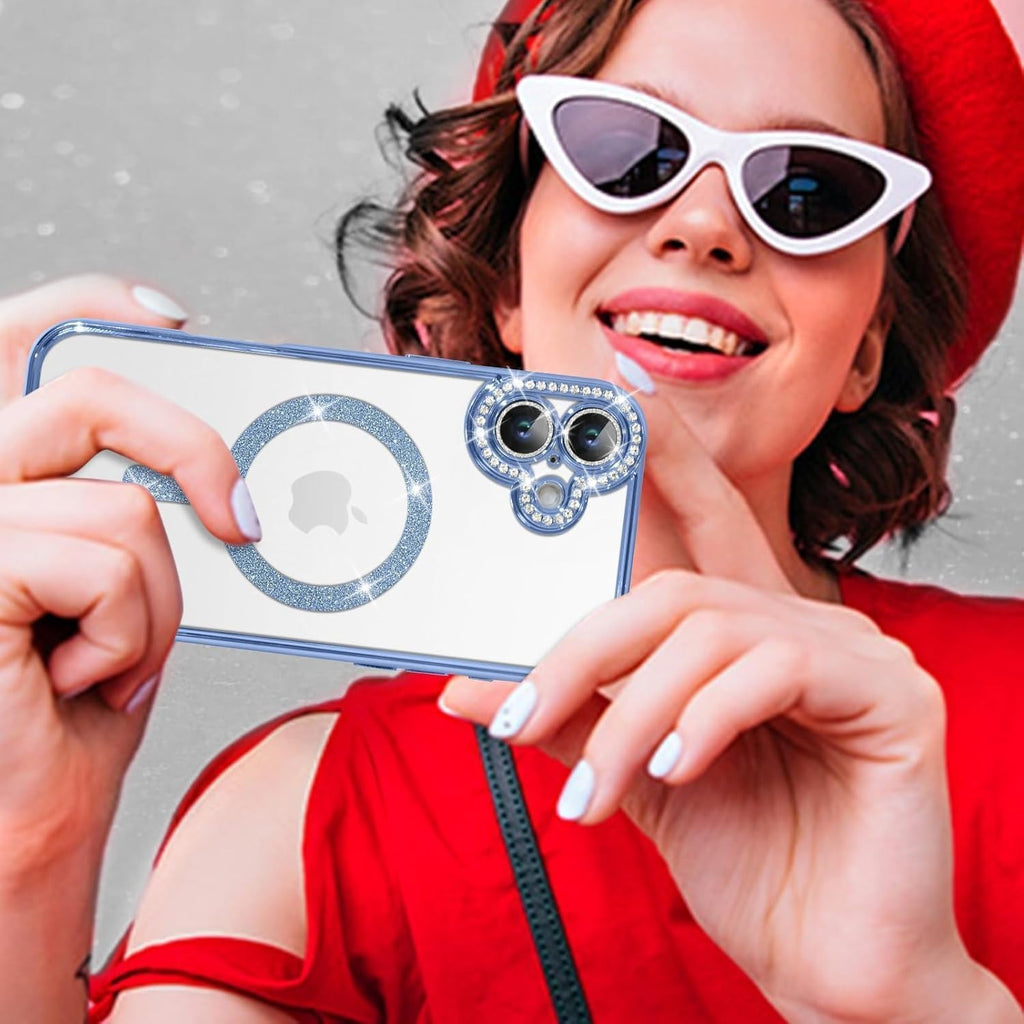 Brandson Clear Case for iPhone 16 | Soft Transparent Glitter Cover with Rhinestone Diamonds | MagSafe Compatible | Camera Lens Protection | Cute Shockproof Case for Women & Girls – Blue