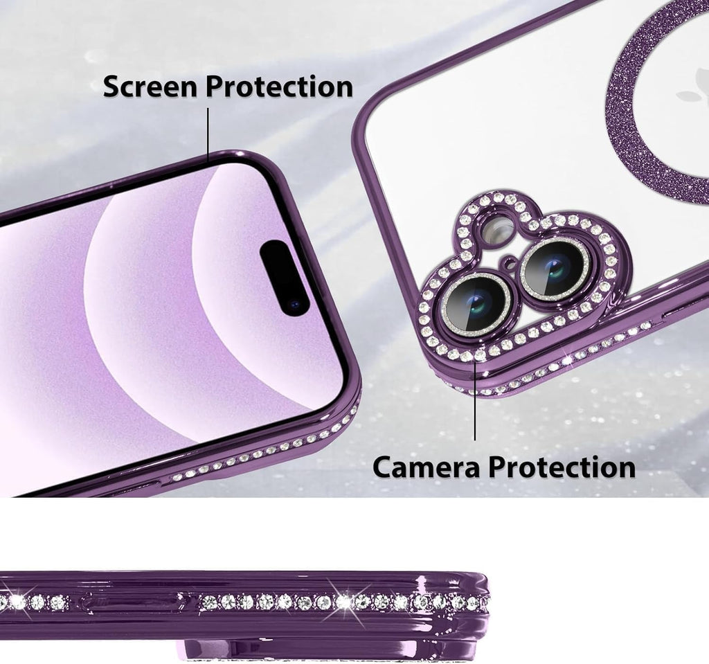 Brandson Clear TPU Case for iPhone 16 | Soft Transparent Purple Glitter Cover with Rhinestone Diamonds | MagSafe Compatible | Shockproof Camera Lens Protection Case for Women & Girls – Purple