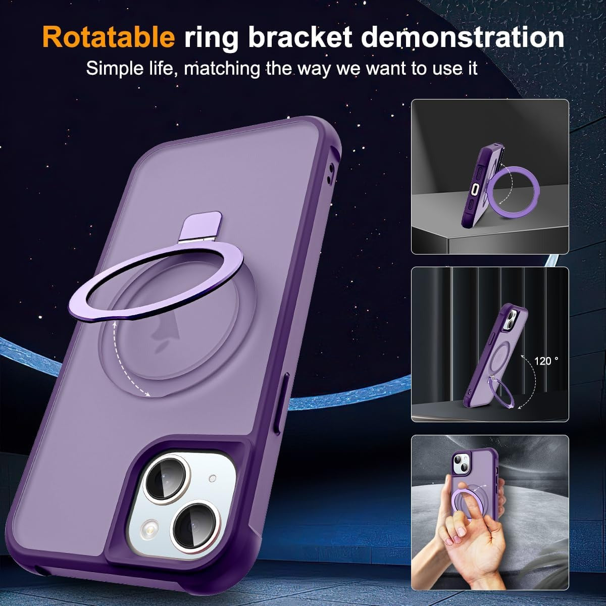 MagSafe Compatible Case for iPhone 14 Plus | Invisible Magnetic O-Ring Stand | Military-Grade Translucent Shockproof Cover – Purple
