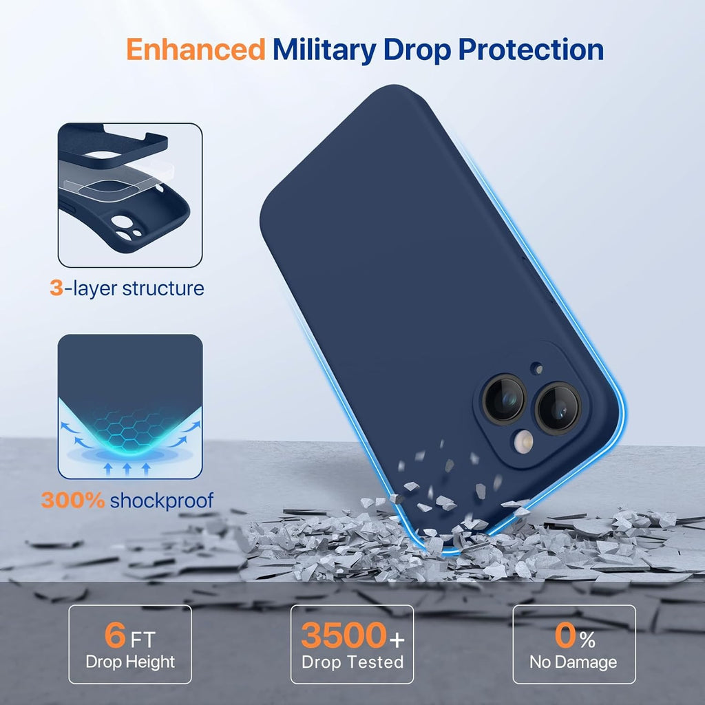 Brandson Liquid Silicone Case for iPhone 14 (6.1") | Shockproof Soft Rubber Cover | Enhanced Camera Protection | Microfiber Lining | Screen Protector Included | Dark Blue