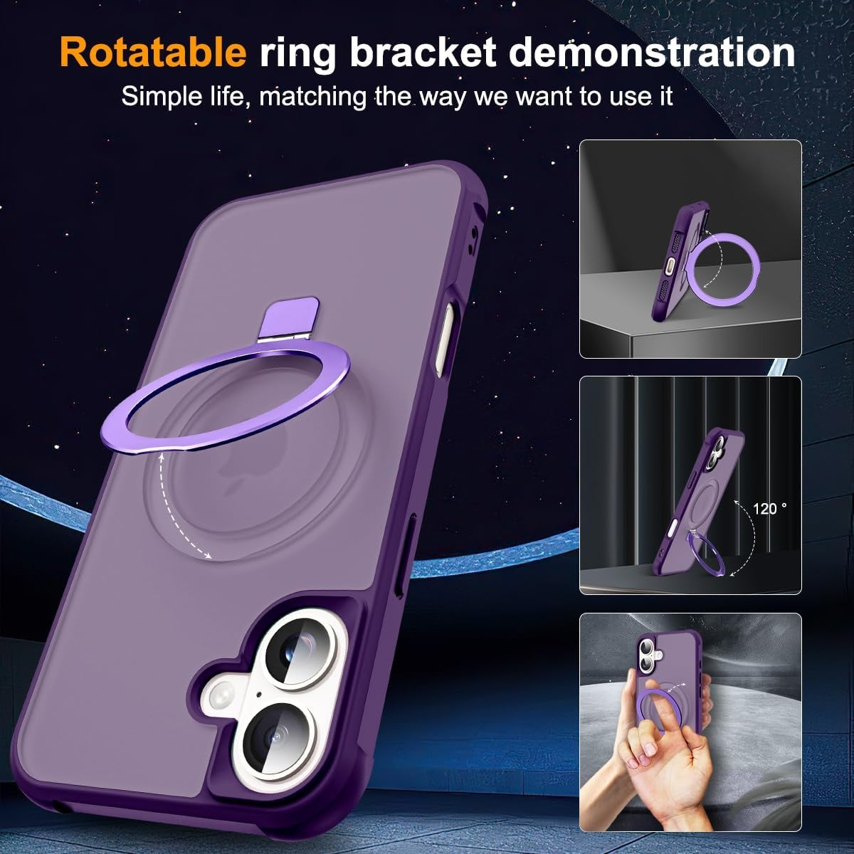 MagSafe Compatible Case for iPhone 17 (6.3") | Invisible Magnetic O-Ring Stand | Military-Grade Translucent Shockproof Phone Case – Purple