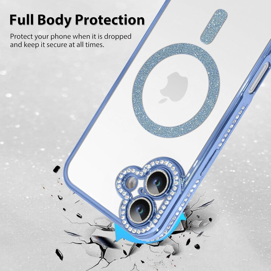 Brandson Clear Case for iPhone 16 | Soft Transparent Glitter Cover with Rhinestone Diamonds | MagSafe Compatible | Camera Lens Protection | Cute Shockproof Case for Women & Girls – Blue