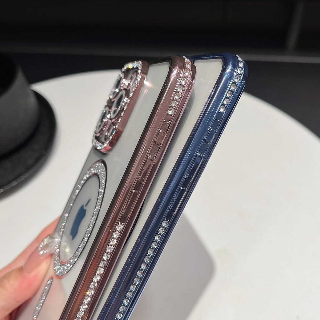 Brandson Clear Case for iPhone 16 | Soft Transparent Pink Glitter Cover with Rhinestone Diamonds | MagSafe Compatible | Shockproof Camera Lens Protection Case for Women & Girls – Pink