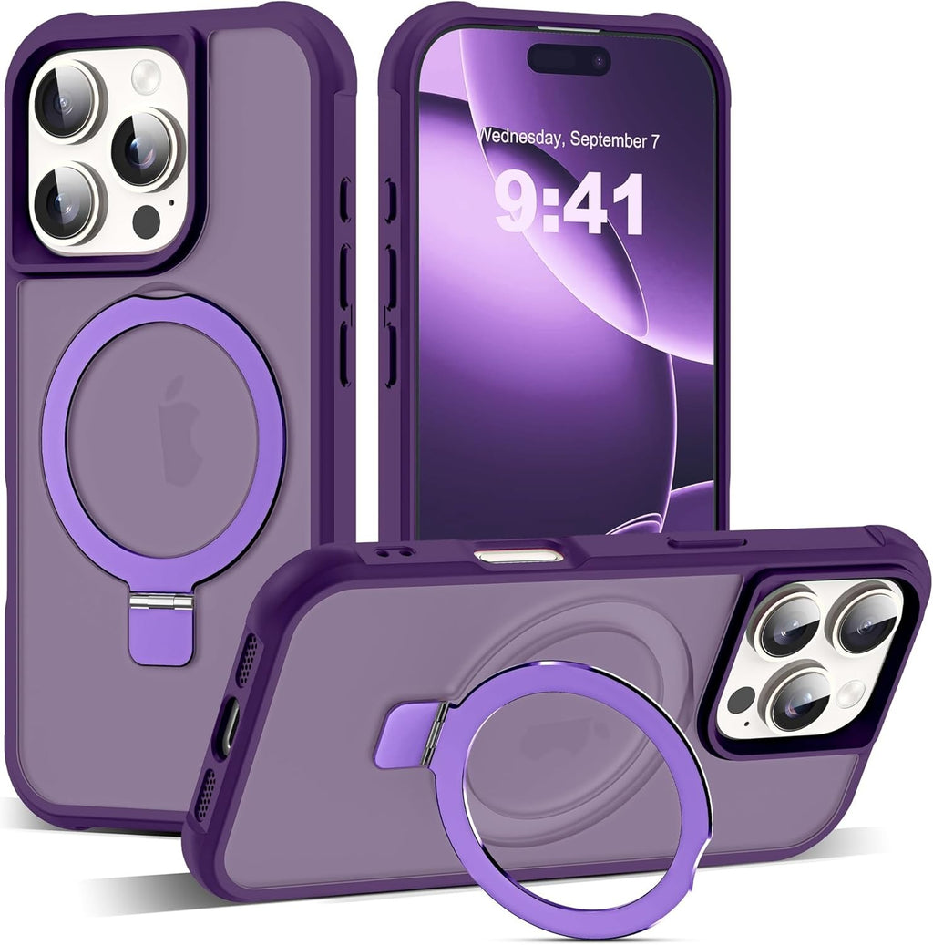 MagSafe Compatible Case for iPhone 16 Pro (6.3") | Invisible Magnetic O-Ring Stand | Military-Grade Translucent Shockproof Cover – Purple