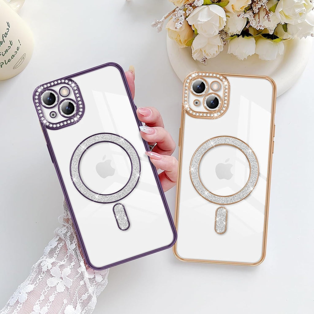 Brandson Luxury Sparkle MagSafe Case for iPhone 14 Pro Max – Diamond Camera Guard, Shockproof Transparent Cover, Purple Shine Edition
