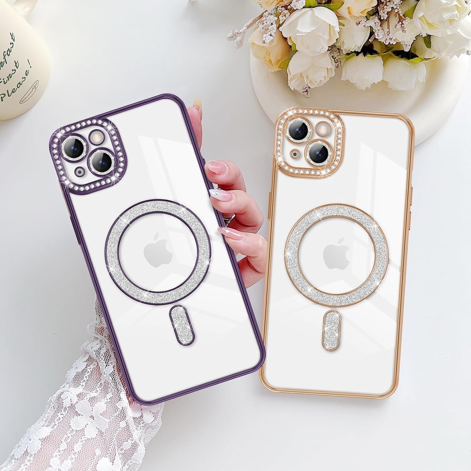 Brandson Crystal Clear Gold Case for iPhone 15 Pro | Soft TPU Transparent Cover with Diamond Rhinestone MagSafe Ring | Luxury Shockproof Camera Lens Protection Case for Women & Girls – Gold