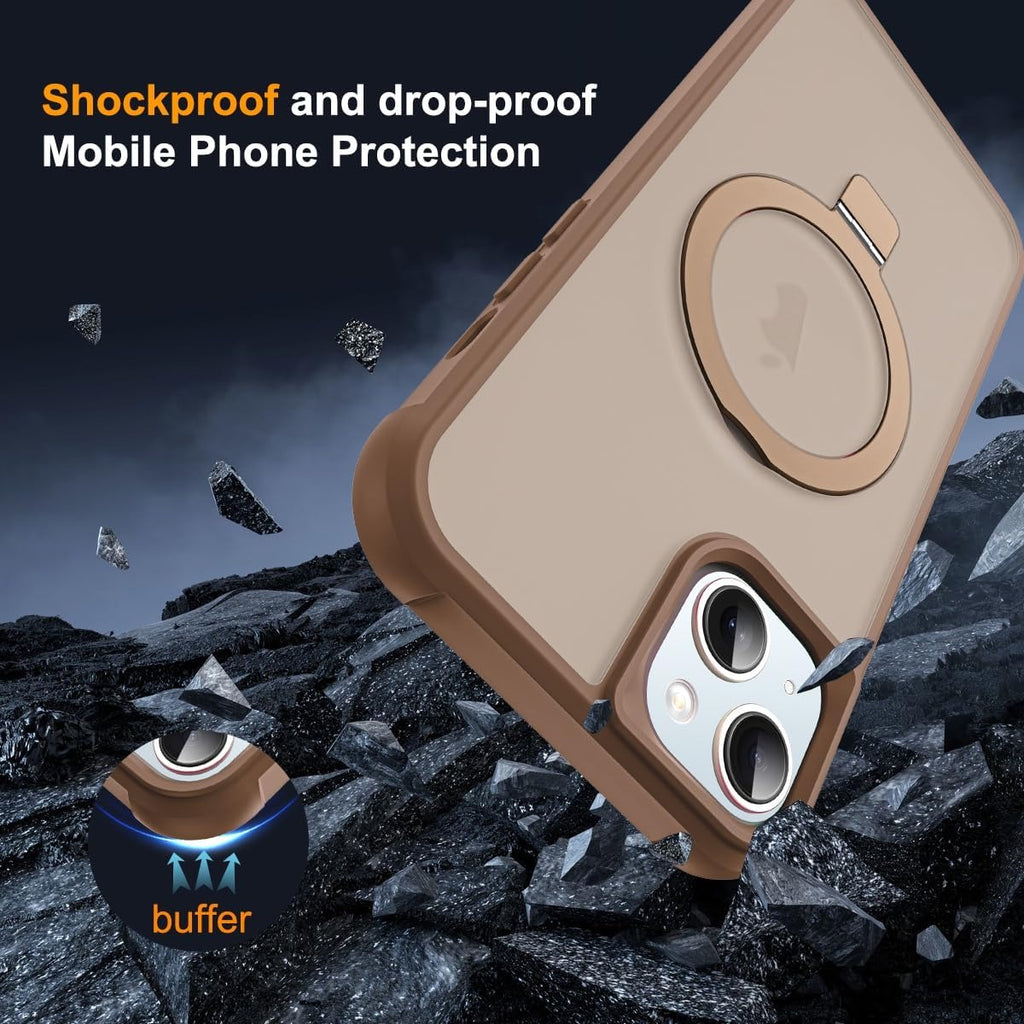 iPhone 13 & 14 Magnetic O-Ring Stand Case | Translucent Shockproof Back Cover | MagSafe Compatible | 6.1" Desert Brown