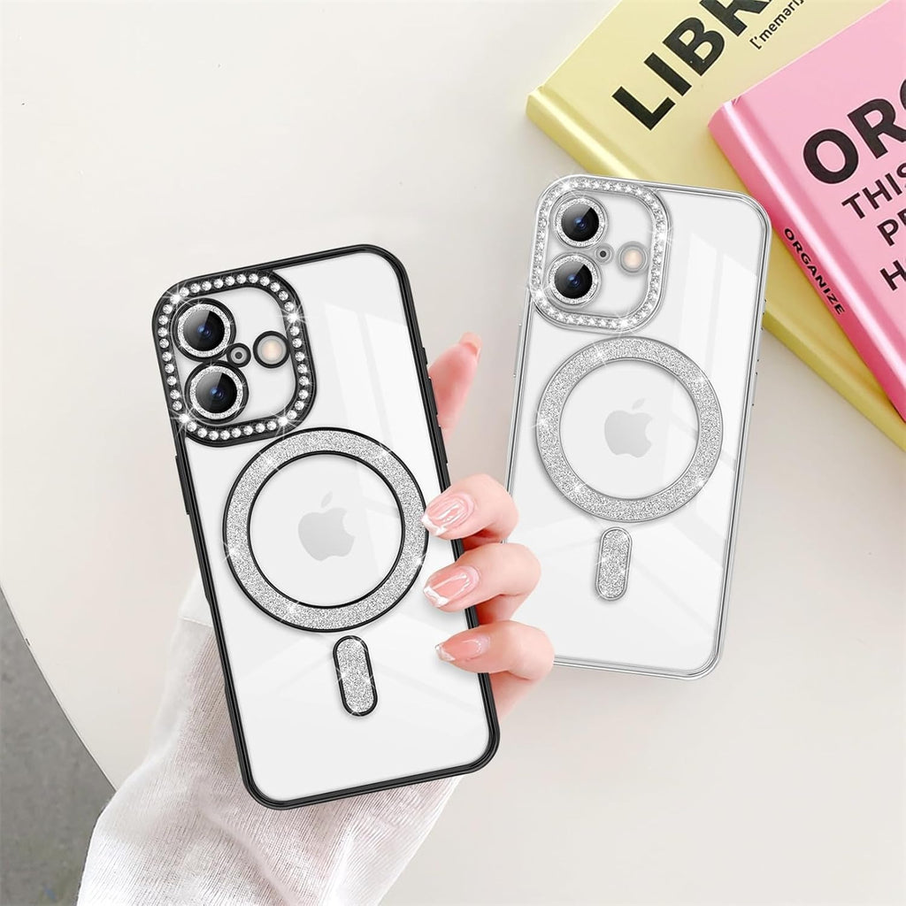 Brandson Luxury Sparkle MagSafe Case for iPhone 17 Pro – Diamond Camera Guard, Shockproof Transparent Cover, Black Shine Edition