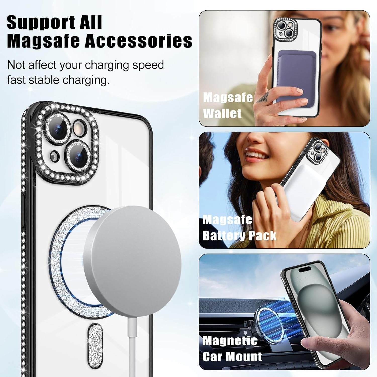 Brandson Crystal Clear Case for iPhone 14 Plus | Soft TPU Transparent Cover with Diamond Rhinestone MagSafe Ring | Luxury Shockproof Camera Lens Protection Case for Women & Girls – Silver