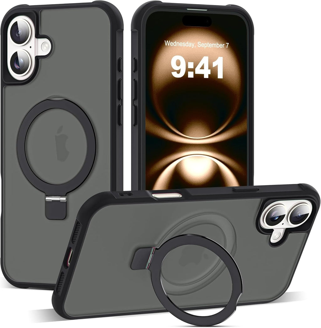 iPhone 16 Plus Case with Invisible Magnetic O-Ring Stand | Military-Grade Shockproof Translucent Back | MagSafe Compatible | Great Grip | Black (6.7”)