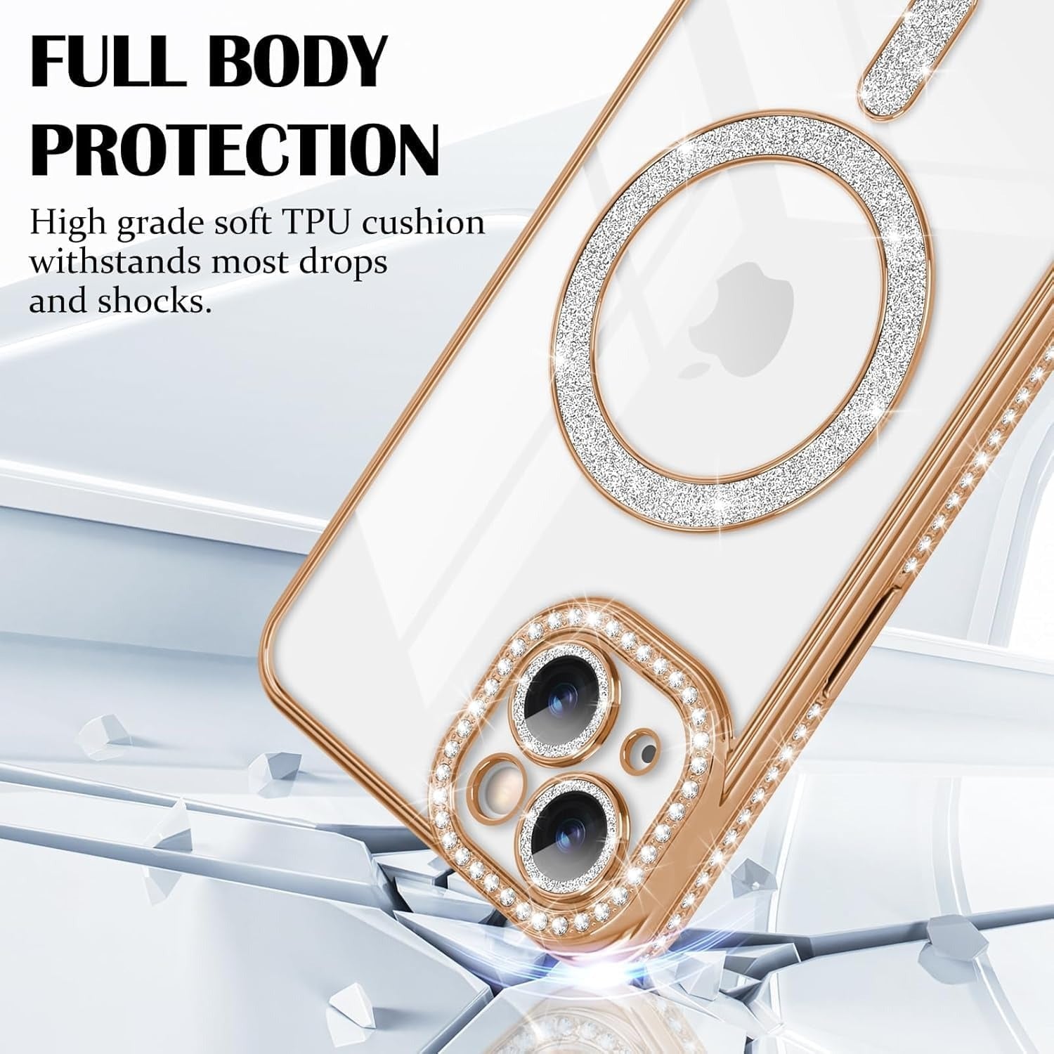 Brandson Crystal Clear Gold Case for iPhone 15 Pro Max | Soft TPU Transparent Cover with Diamond Rhinestone MagSafe Ring | Luxury Shockproof Camera Lens Protection Case for Women & Girls – Gold