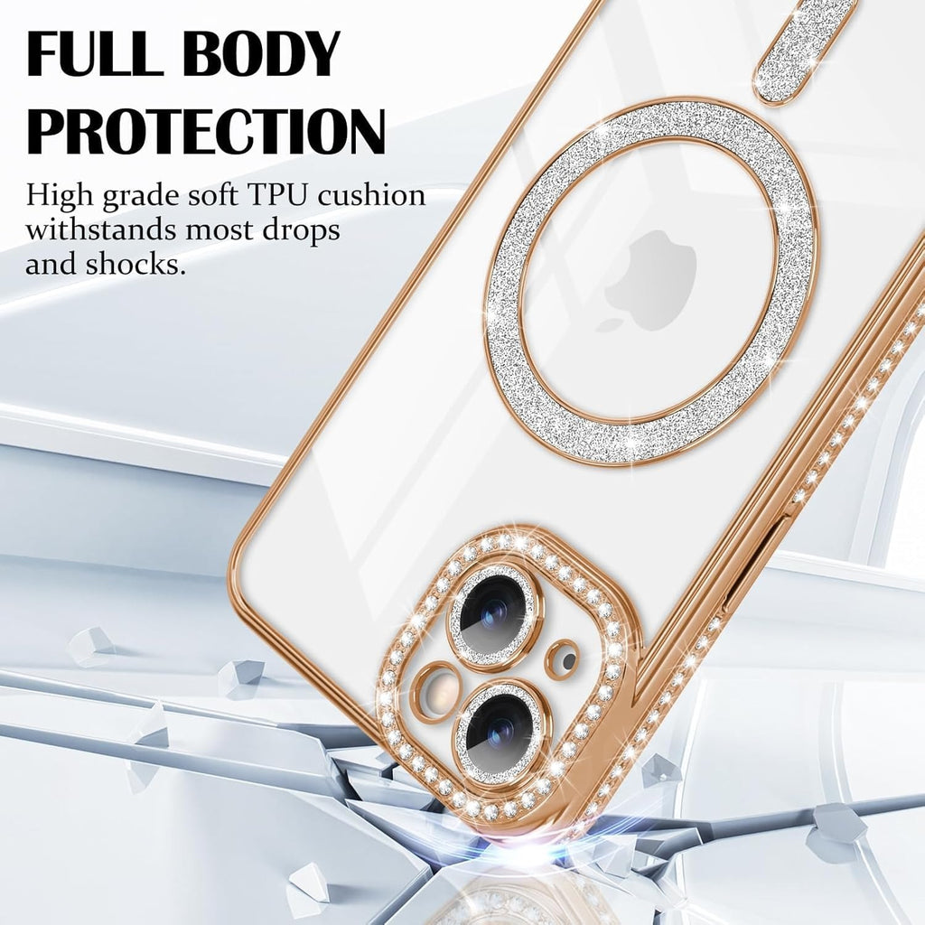 Brandson Crystal Clear Gold Case for iPhone 15 Pro | Soft TPU Transparent Cover with Diamond Rhinestone MagSafe Ring | Luxury Shockproof Camera Lens Protection Case for Women & Girls – Gold