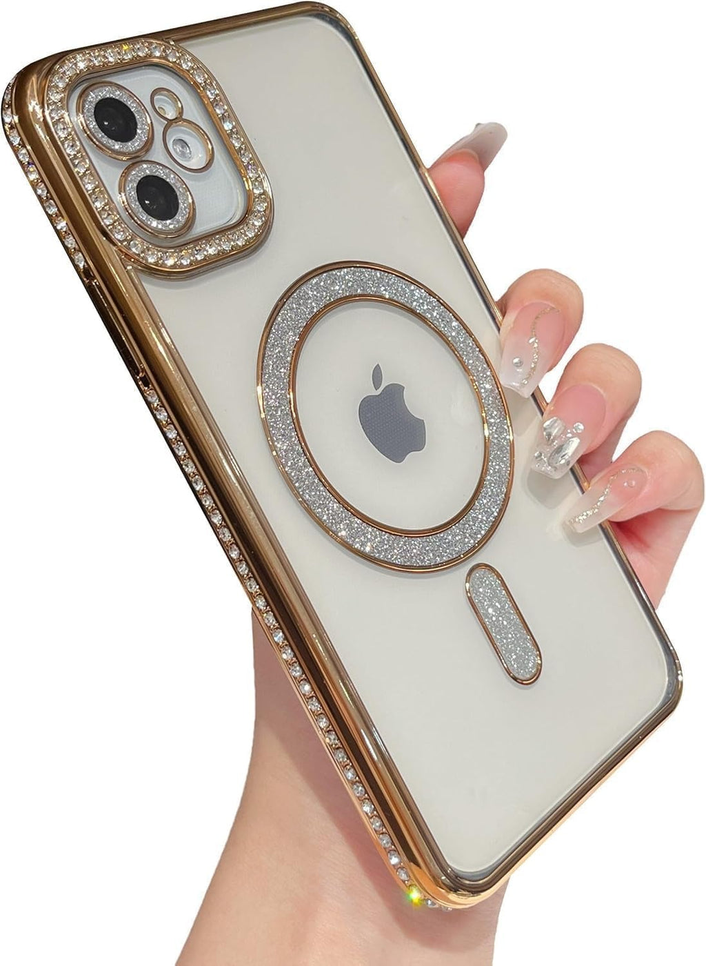 Brandson Clear TPU Case for iPhone 16 | Soft Transparent Glitter Cover with Gold Rhinestone Diamonds | MagSafe Compatible | Shockproof Camera Lens Protection Case for Women & Girls – Gold