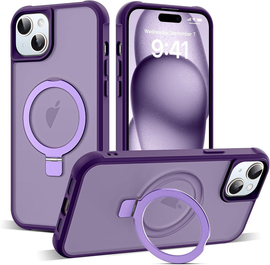 MagSafe Compatible Case for iPhone 15 (6.1") | Invisible Magnetic O-Ring Stand | Military-Grade Translucent Shockproof Cover – Purple