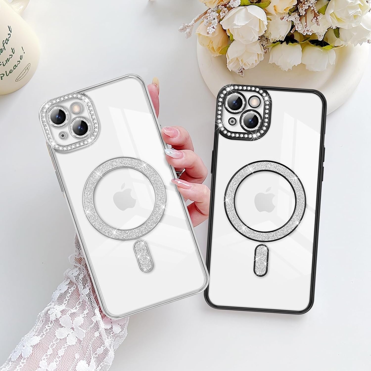 Brandson Crystal Clear Case for iPhone 15 Plus | Soft TPU Transparent Cover with Diamond Rhinestone MagSafe Ring | Luxury Shockproof Camera Lens Protection Case for Women & Girls – Silver