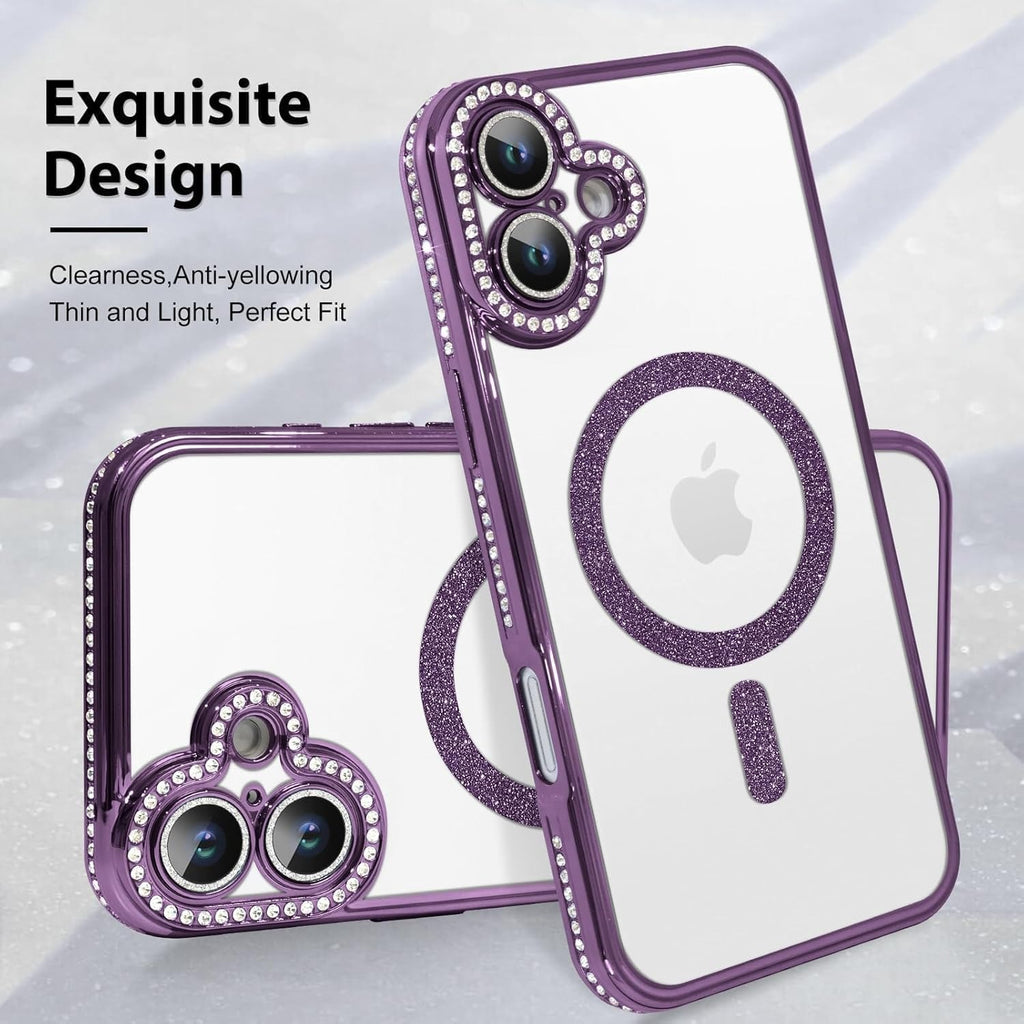 Brandson Clear TPU Case for iPhone 16 | Soft Transparent Purple Glitter Cover with Rhinestone Diamonds | MagSafe Compatible | Shockproof Camera Lens Protection Case for Women & Girls – Purple