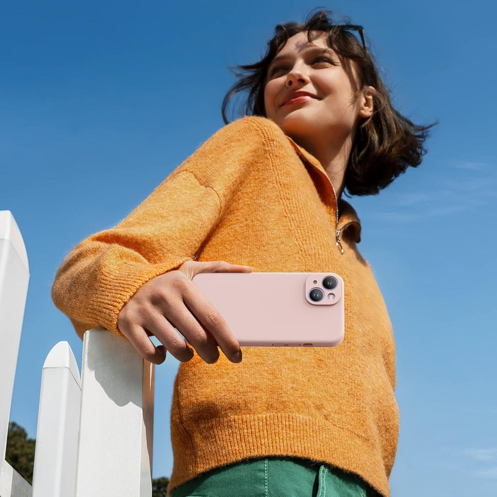 Brandson Liquid Silicone Case for iPhone 14 (6.1") | Shockproof Soft Silicone Back Cover with Screen Protector | Enhanced Camera Protection | Microfiber Lining | Sand Pink