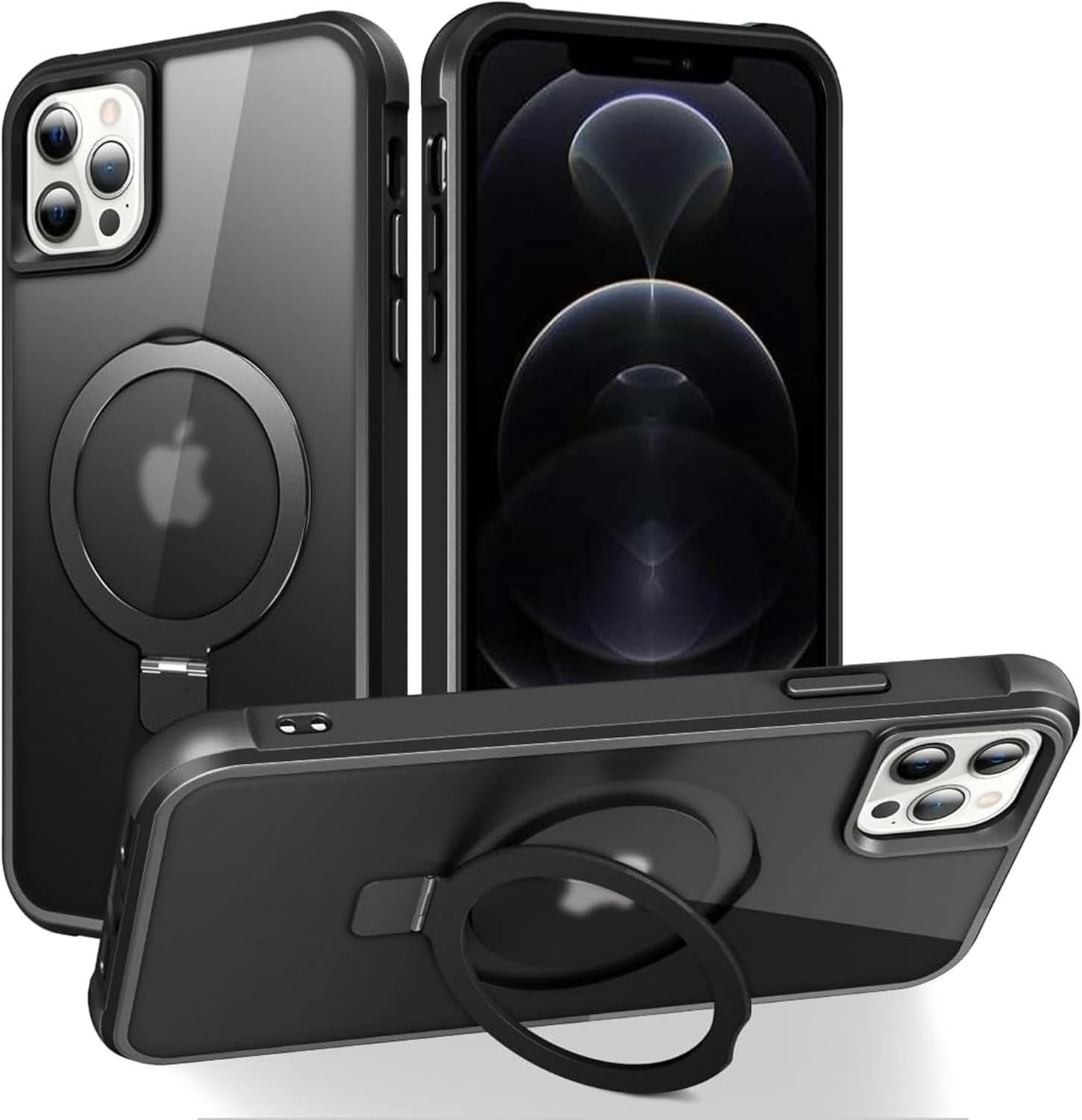 iPhone 12 Pro Max & 13 Pro Max Magnetic O-Ring Stand Case | Translucent Shockproof Back Cover | MagSafe Compatible | 6.7" Black