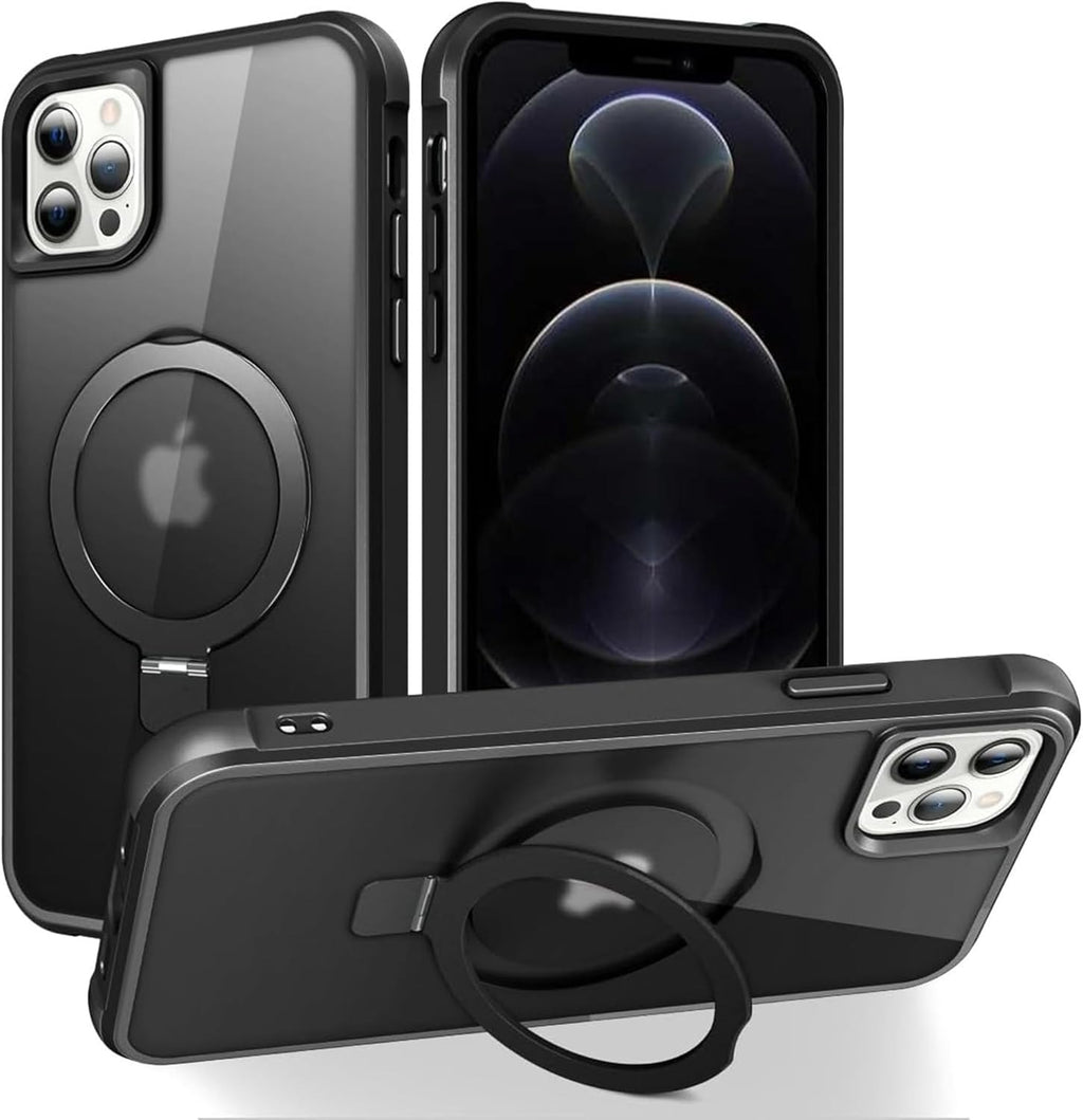 iPhone 12 & 12 Pro Magnetic O-Ring Stand Case | Translucent Shockproof Back Cover | MagSafe Compatible | 6.1" Black