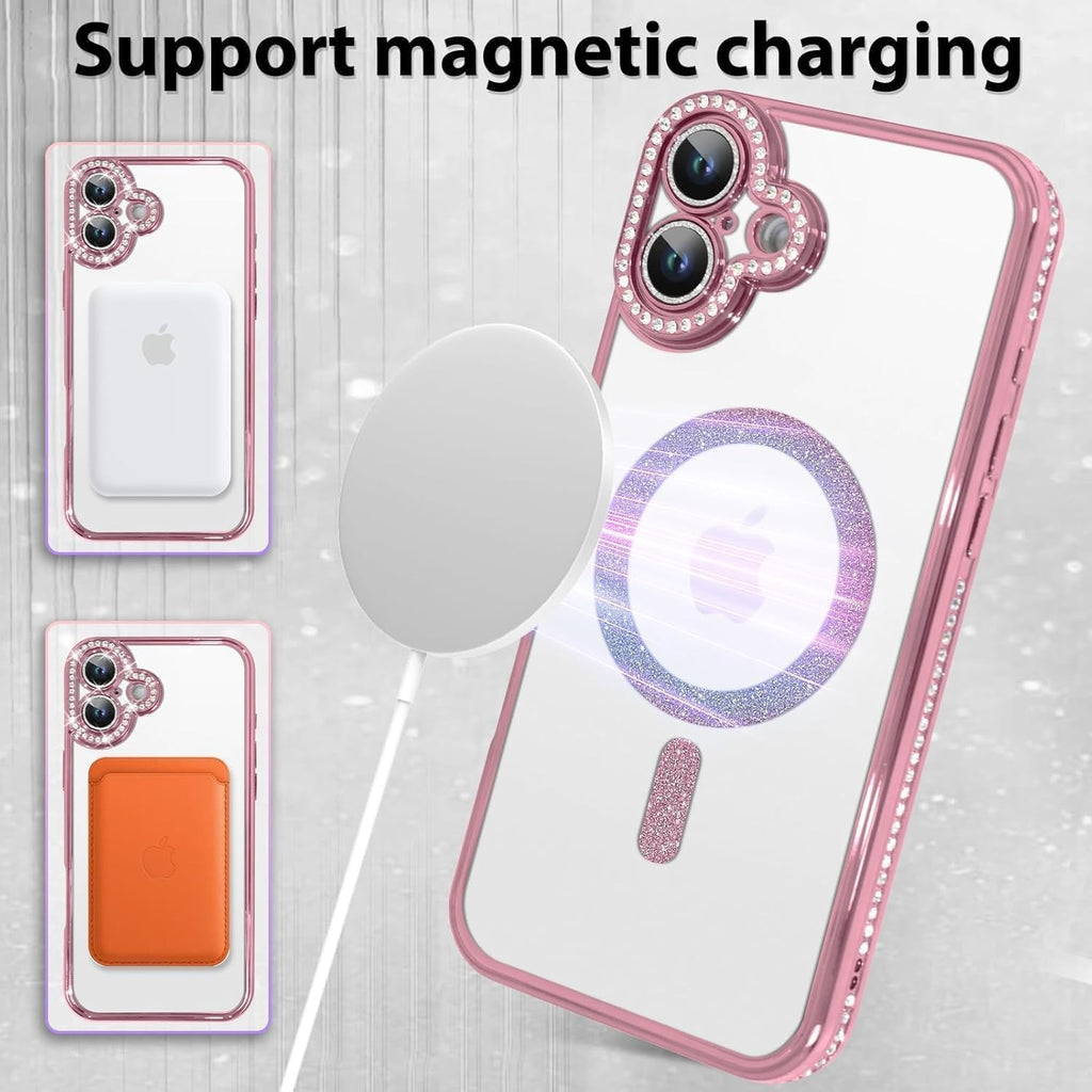 Brandson Clear Case for iPhone 16 | Soft Transparent Pink Glitter Cover with Rhinestone Diamonds | MagSafe Compatible | Shockproof Camera Lens Protection Case for Women & Girls – Pink
