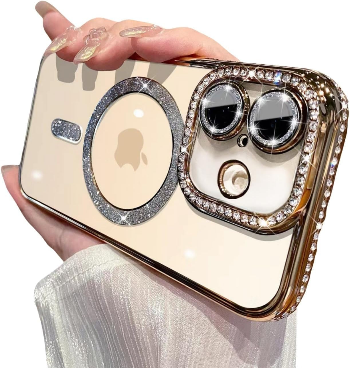 Brandson Clear TPU Case for iPhone 16 | Soft Transparent Glitter Cover with Gold Rhinestone Diamonds | MagSafe Compatible | Shockproof Camera Lens Protection Case for Women & Girls – Gold