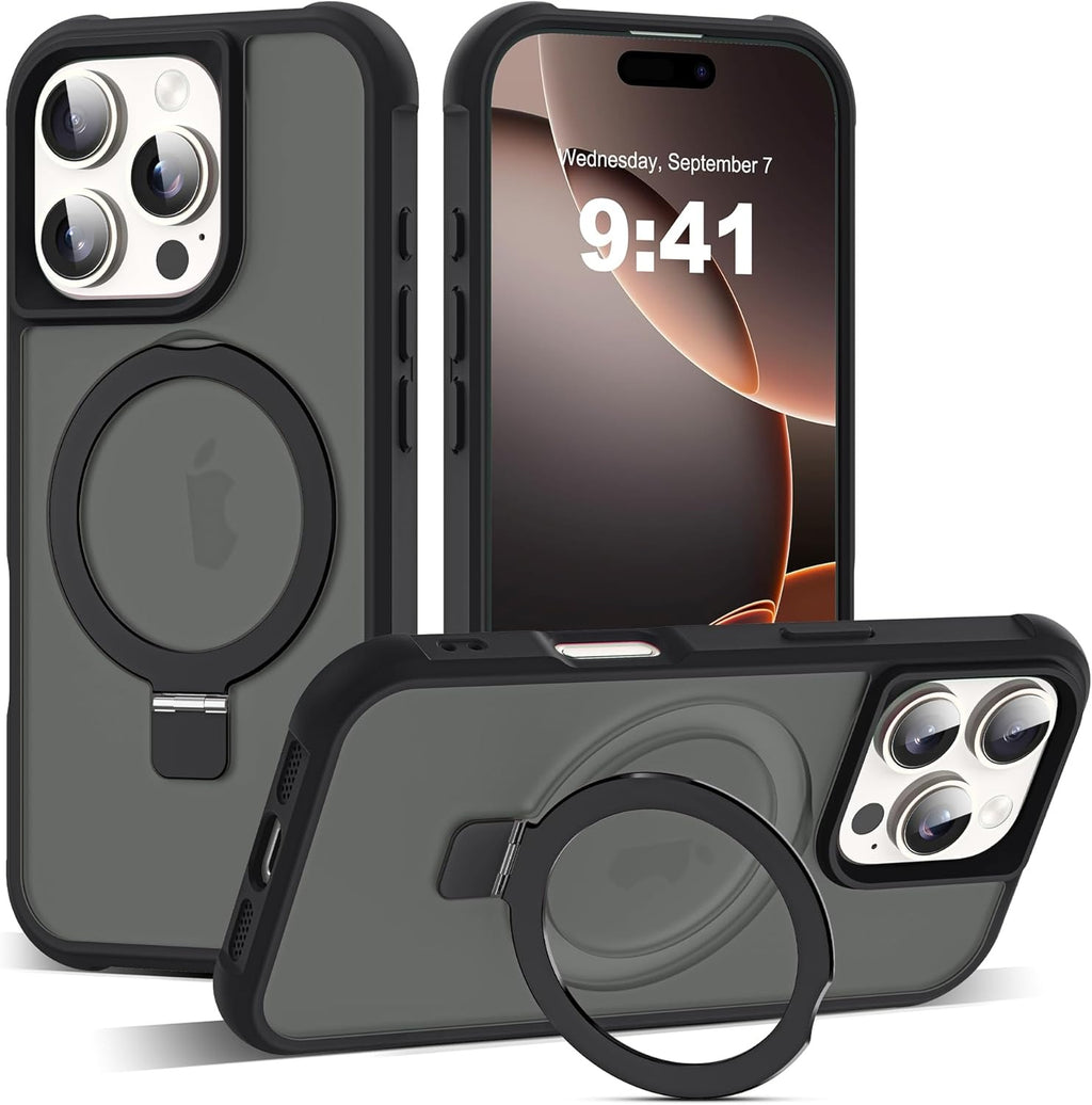 iPhone 16 Pro Case with Invisible Magnetic O-Ring Stand | Military-Grade Shockproof Translucent Back | MagSafe Compatible | Great Grip | Black (6.3”)