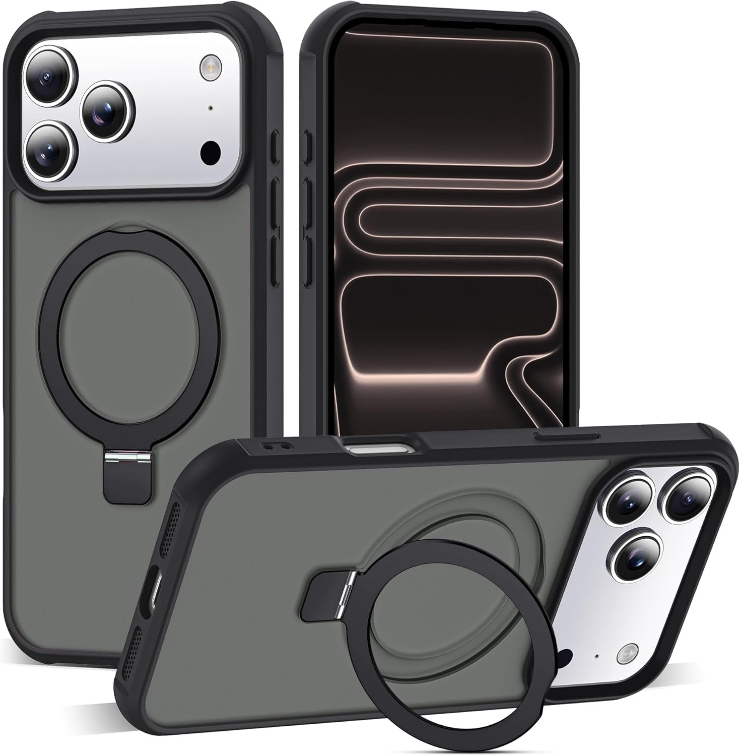 brandsn iPhone 17 Pro Max Case with Invisible Magnetic O-Ring Stand | Military-Grade Translucent MagSafe Compatible Shockproof Cover – Black (6.9”)