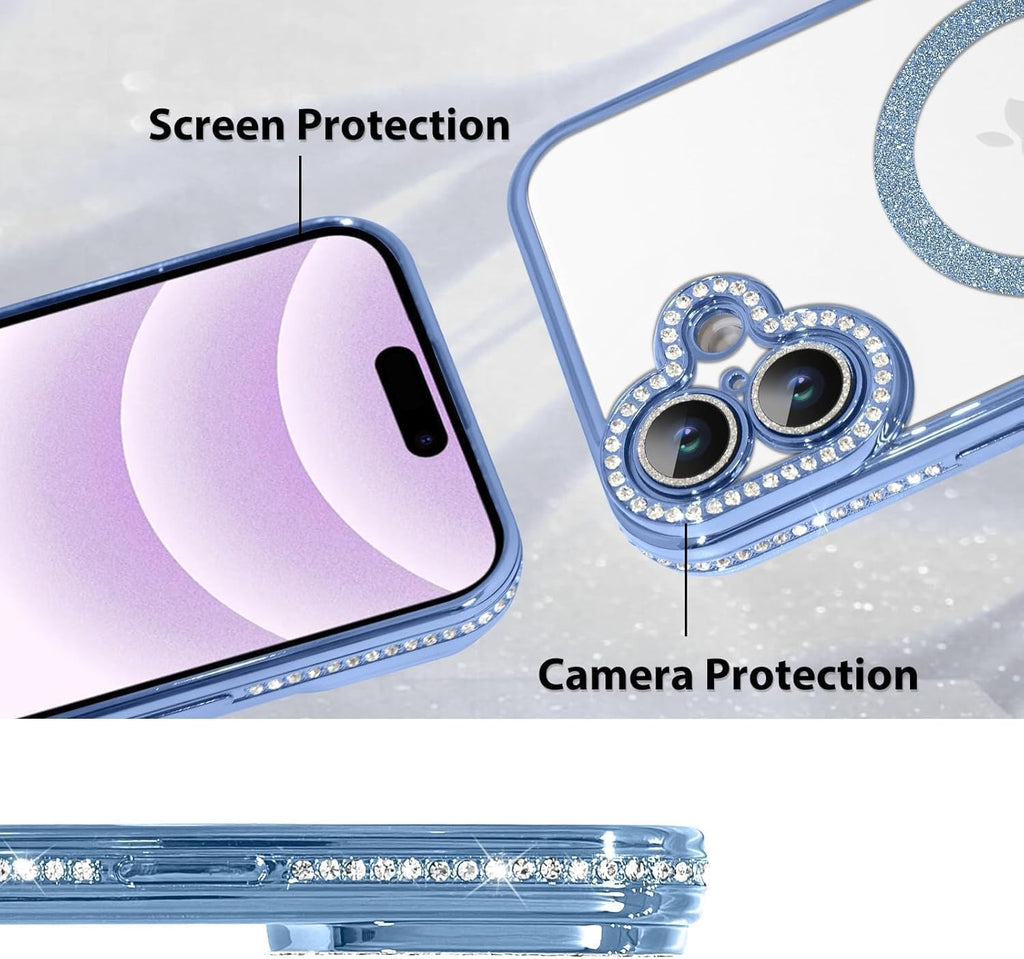 Brandson Clear Case for iPhone 16 | Soft Transparent Glitter Cover with Rhinestone Diamonds | MagSafe Compatible | Camera Lens Protection | Cute Shockproof Case for Women & Girls – Blue