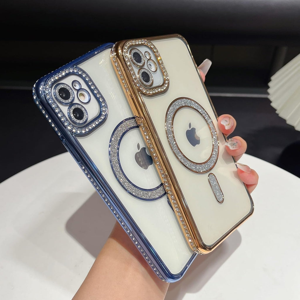 Brandson Clear TPU Case for iPhone 16 | Soft Transparent Glitter Cover with Gold Rhinestone Diamonds | MagSafe Compatible | Shockproof Camera Lens Protection Case for Women & Girls – Gold