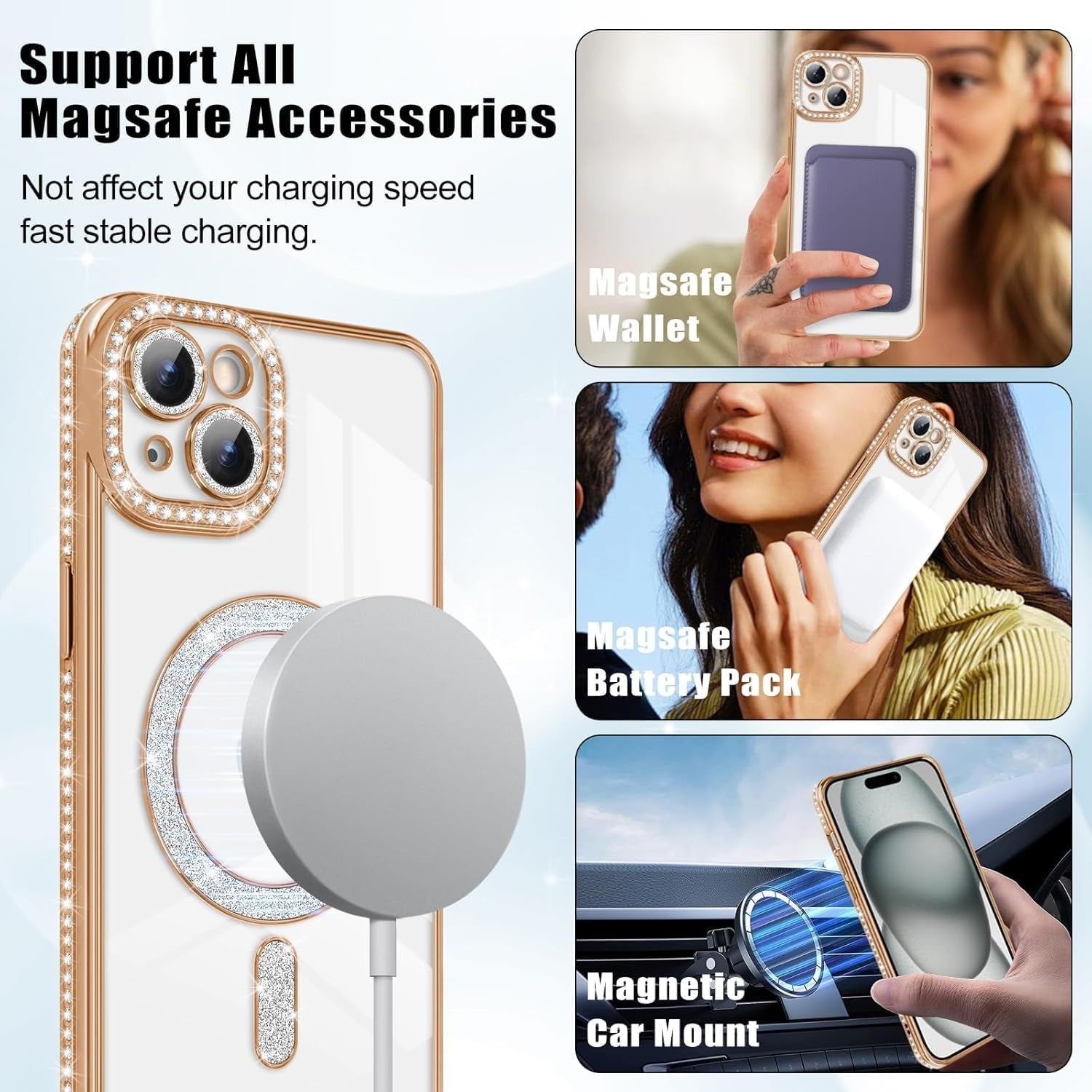 Brandson Crystal Clear Gold Case for iPhone 12 Pro Max | Soft TPU Transparent Cover with Diamond Rhinestone MagSafe Ring | Luxury Shockproof Camera Lens Protection Case for Women & Girls – Gold