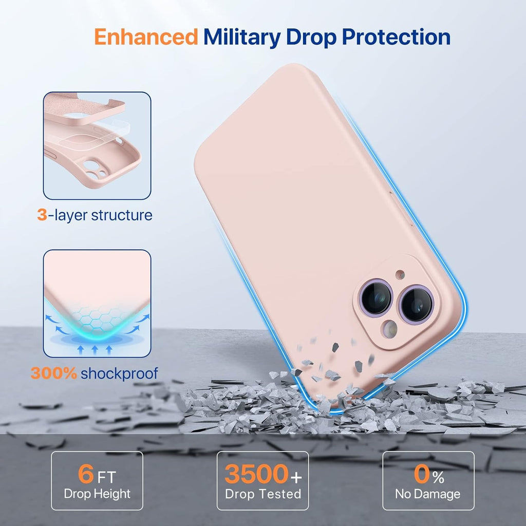 Brandson Liquid Silicone Case for iPhone 14 (6.1") | Shockproof Soft Silicone Back Cover with Screen Protector | Enhanced Camera Protection | Microfiber Lining | Sand Pink