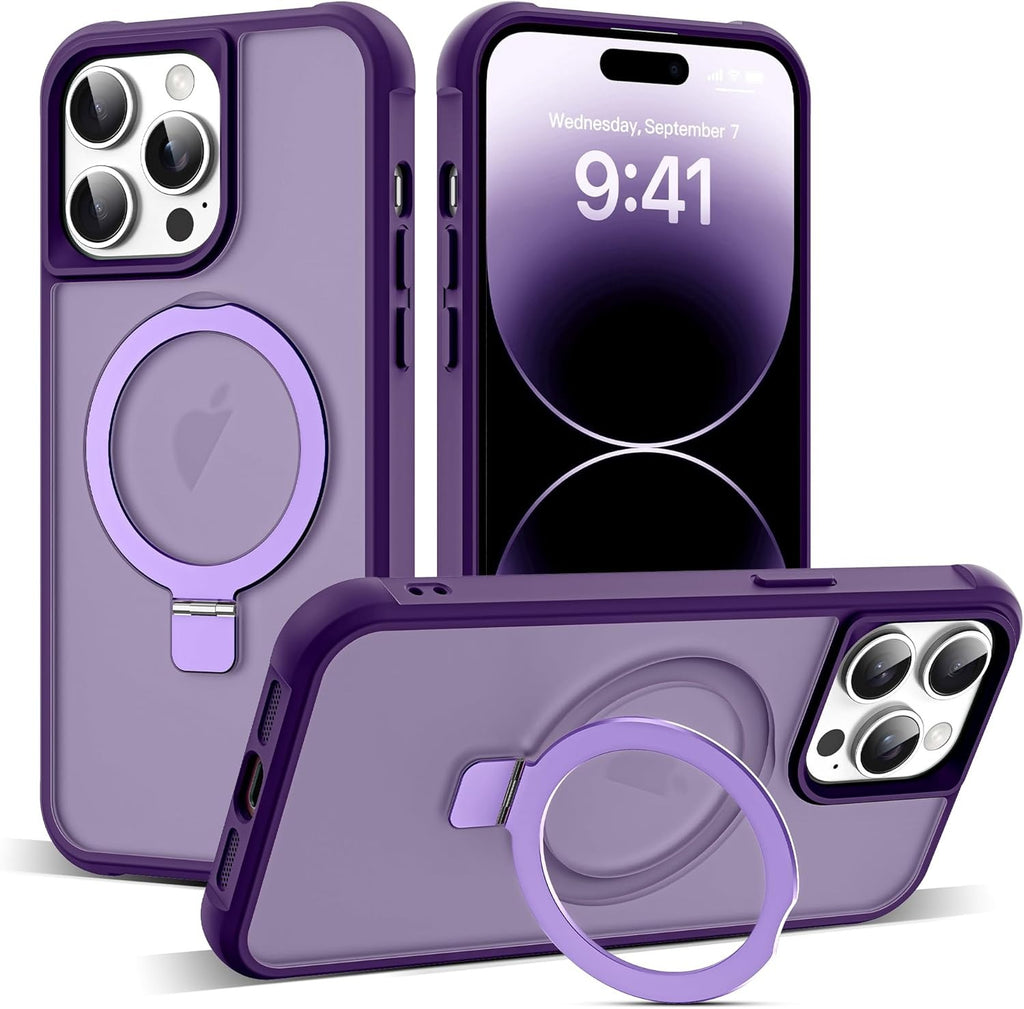 MagSafe Compatible Case for iPhone 14 Pro | Invisible Magnetic O-Ring Stand | Military-Grade Translucent Shockproof Cover – Purple