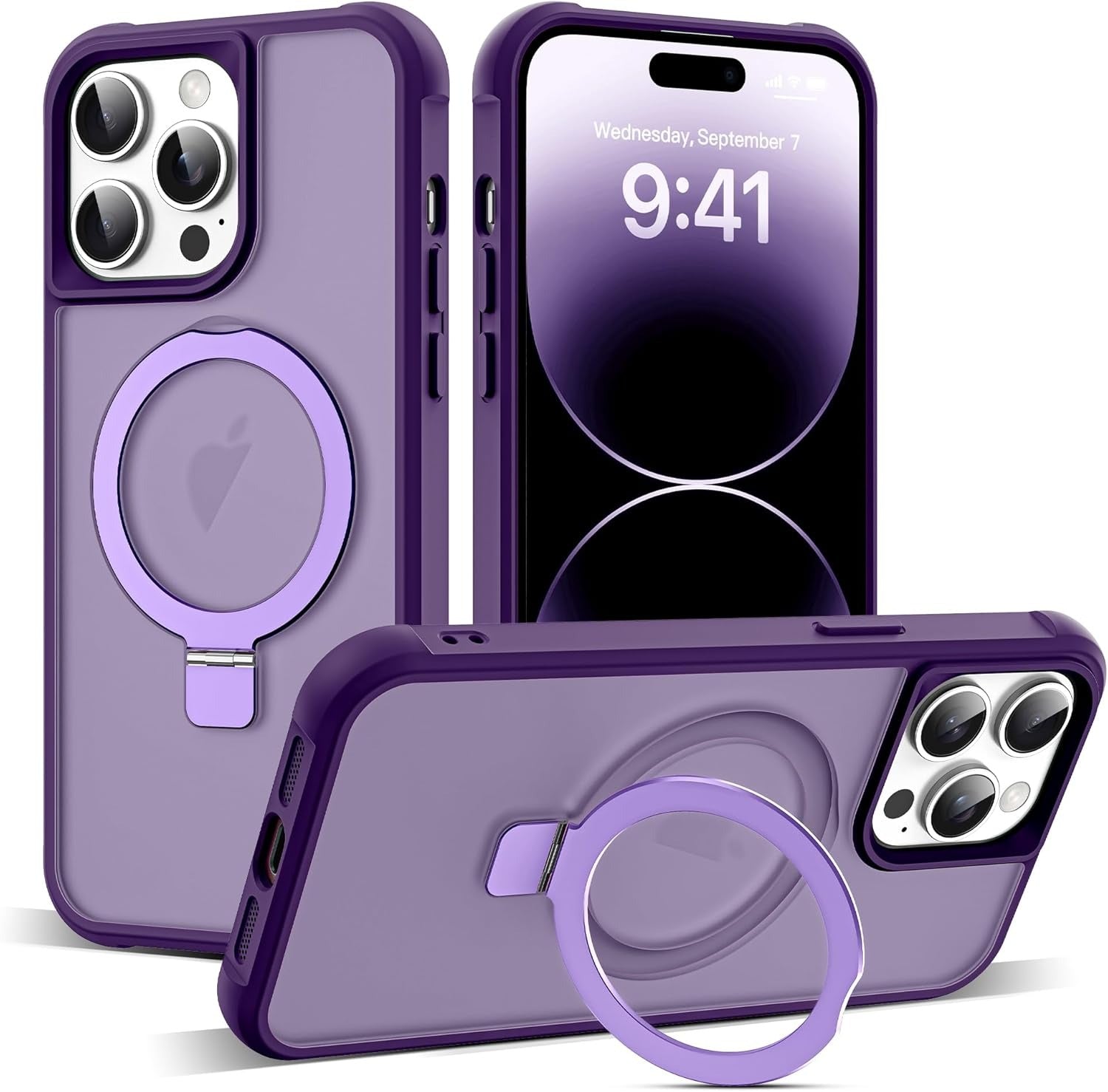 MagSafe Compatible Case for iPhone 14 Pro | Invisible Magnetic O-Ring Stand | Military-Grade Translucent Shockproof Cover – Purple