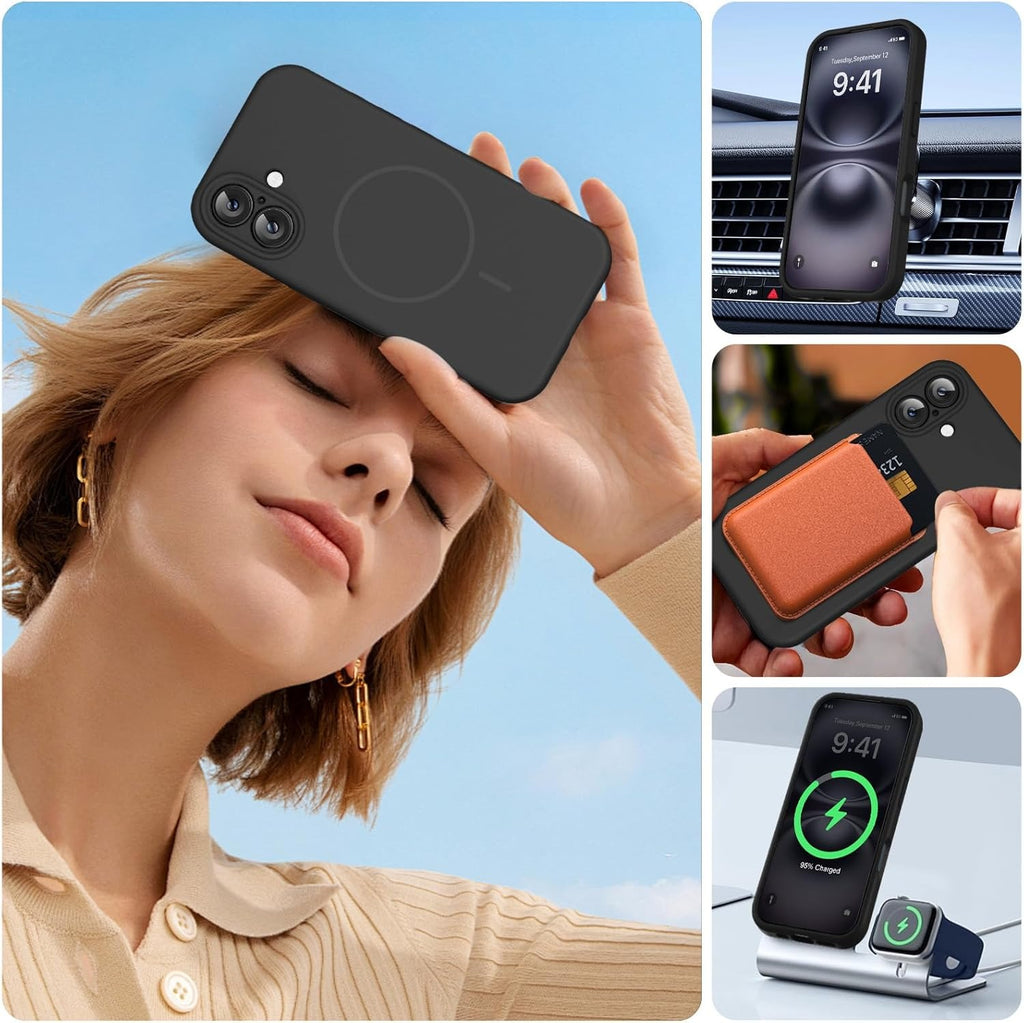 Miracase Liquid Silicone Case for iPhone 16 | MagSafe Compatible | Soft Microfiber Lining | Shockproof Drop Protection Phone Cover | Anti-Scratch Back Case | Black