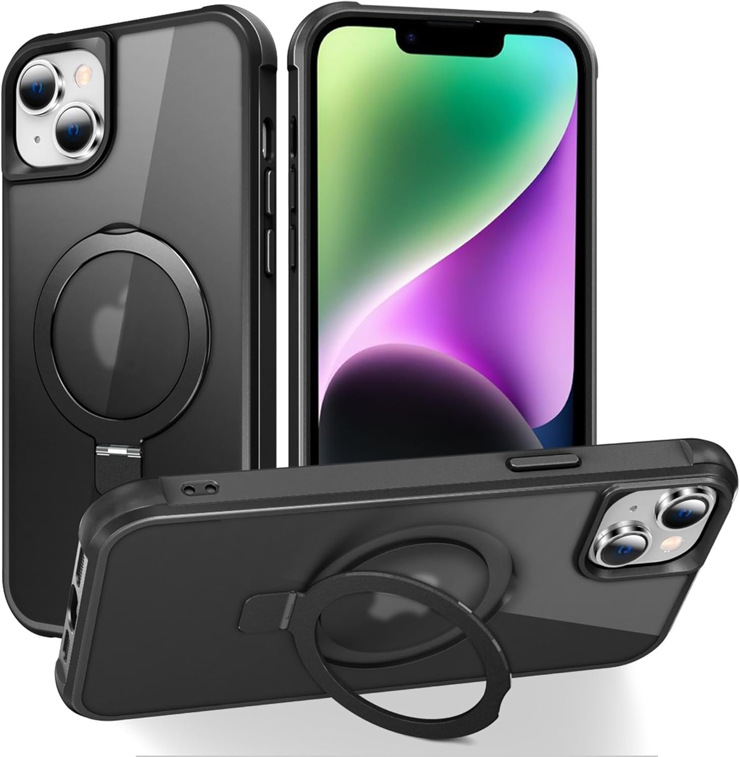 iPhone 13 & iPhone 14 Case with Invisible Magnetic O-Ring Stand | Translucent MagSafe Compatible Shockproof Cover – Black (6.1”)