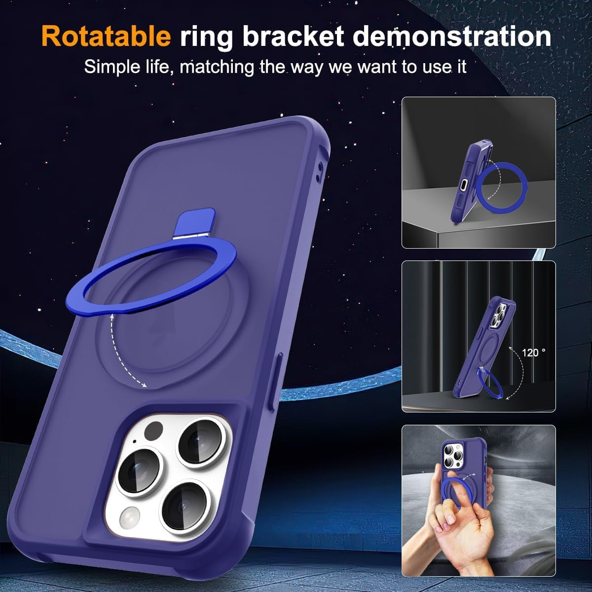 iPhone 12 Pro Max & 13 Pro Max Magnetic O-Ring Stand Case – Translucent Shockproof MagSafe Compatible Cover – Navy
