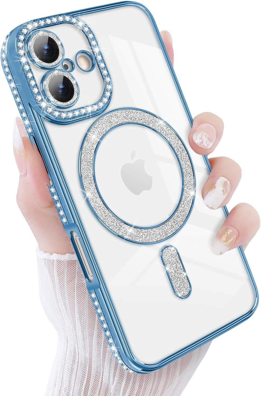 Brandson Luxury Sparkle MagSafe Case for iPhone 17 – Diamond Camera Guard, Shockproof Transparent Cover, Blue Shine Edition