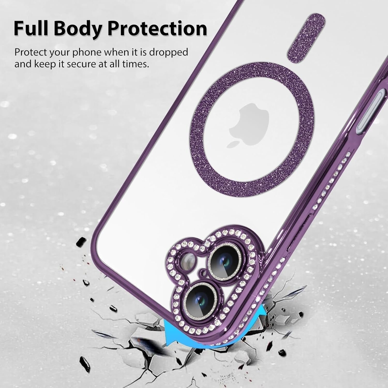 Brandson Clear TPU Case for iPhone 16 | Soft Transparent Purple Glitter Cover with Rhinestone Diamonds | MagSafe Compatible | Shockproof Camera Lens Protection Case for Women & Girls – Purple